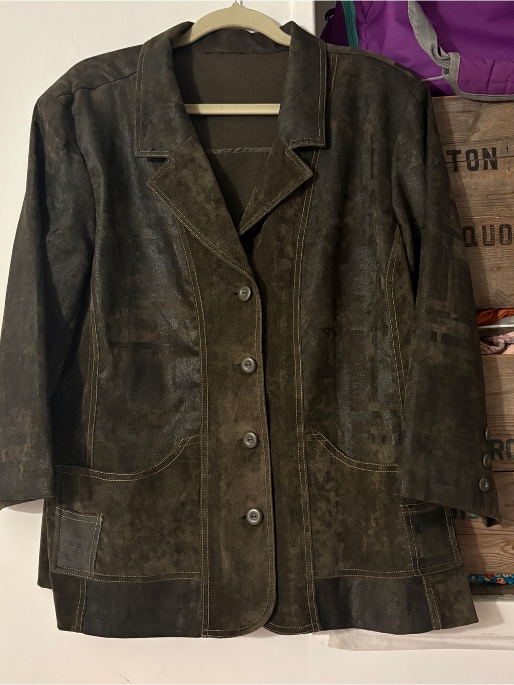 Vintage Dark Brown Suede Button-Front Coat Contrast Stitching Size Large
